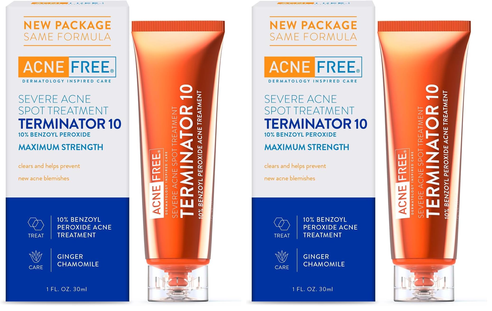 AcneFree Terminator 10 Acne Spot Treatment with Benzoyl Peroxide 10% Maximum Strength Acne Cream Treatment, 1 Ounce - Pack Of 2