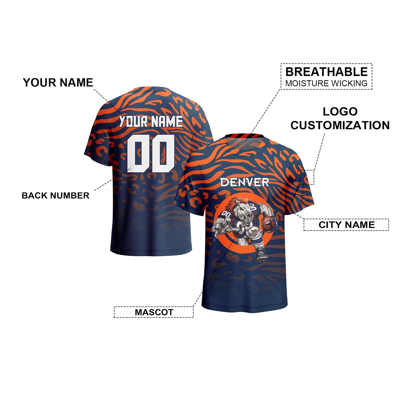 City Custom Football T-Shirt 3D Rugby Mascot Leopard Short Sleeve Personalized Name Number for Men Women Youth Football Fans Gift XS-5XL