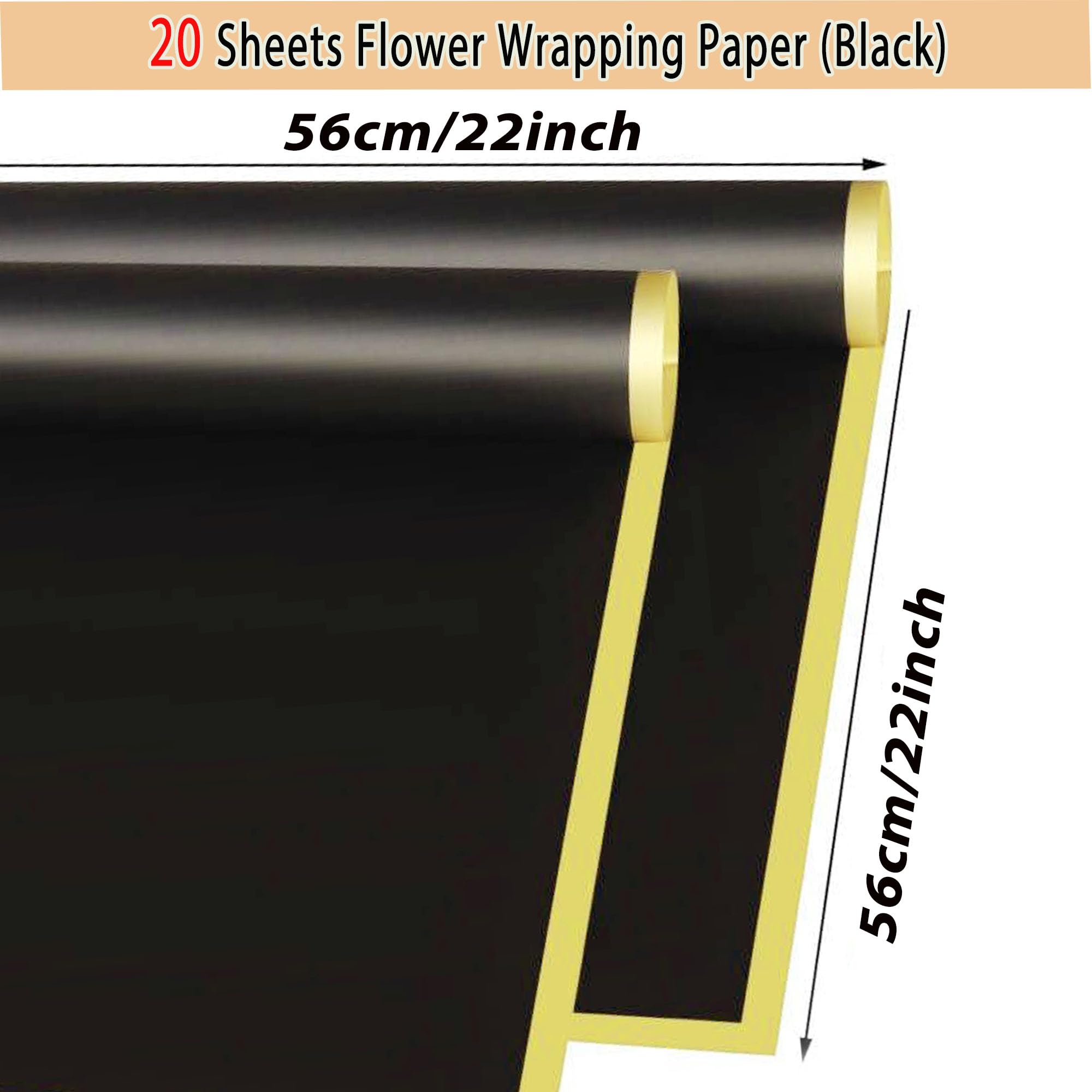 DMIMIA Papel Coreano para Flores Impermeable, 20 Hojas 56x56 cm, Papel para Envolver Ramos de Boda y Regalo Floral(Negro, Borde Dorado)