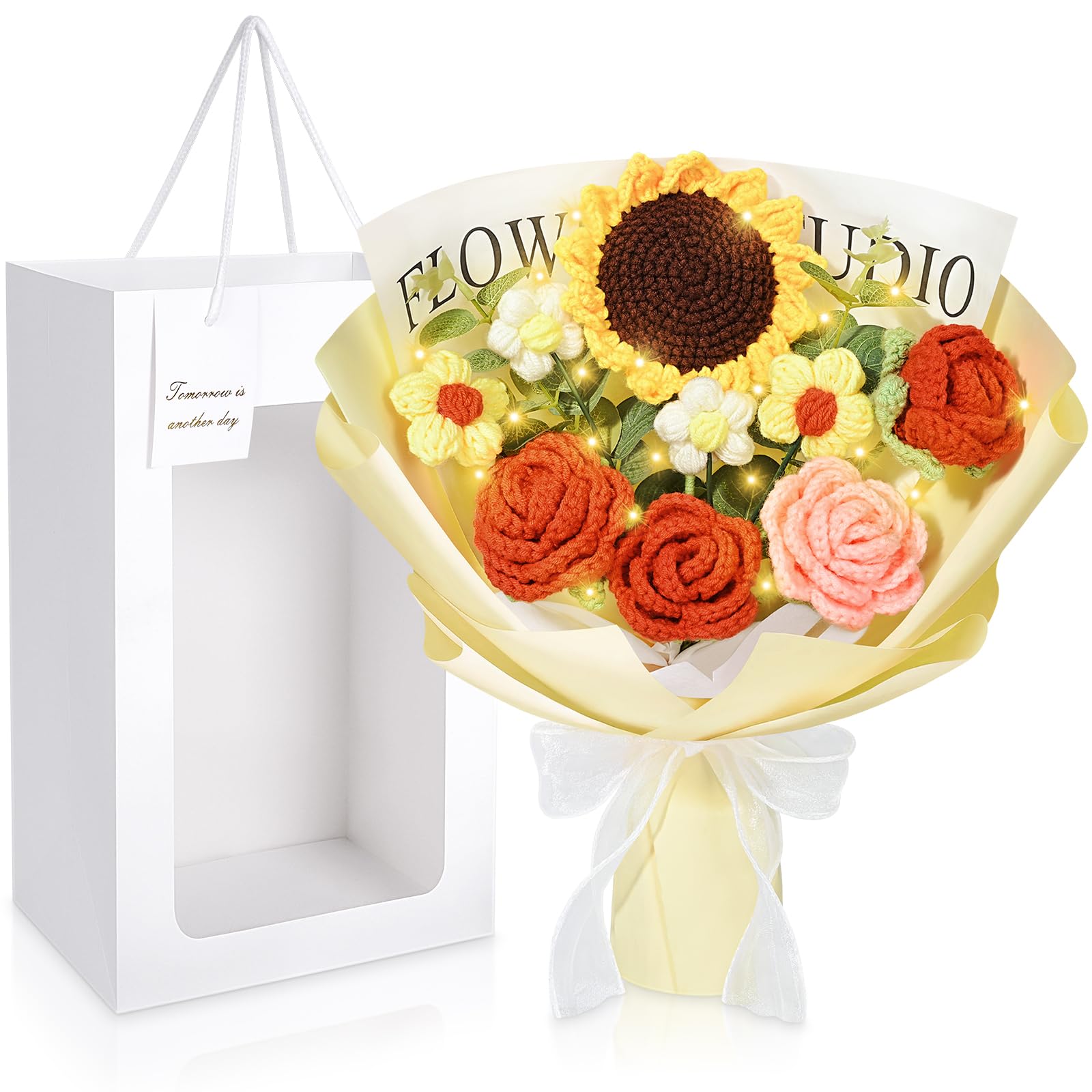 Crochet Flower Bouquet, Crochet Flowers Completed Handmade Knitted Flowers, Gift for Graduation Mother's Day Teacher Appreciation Birthday Anniversary (Yellow)