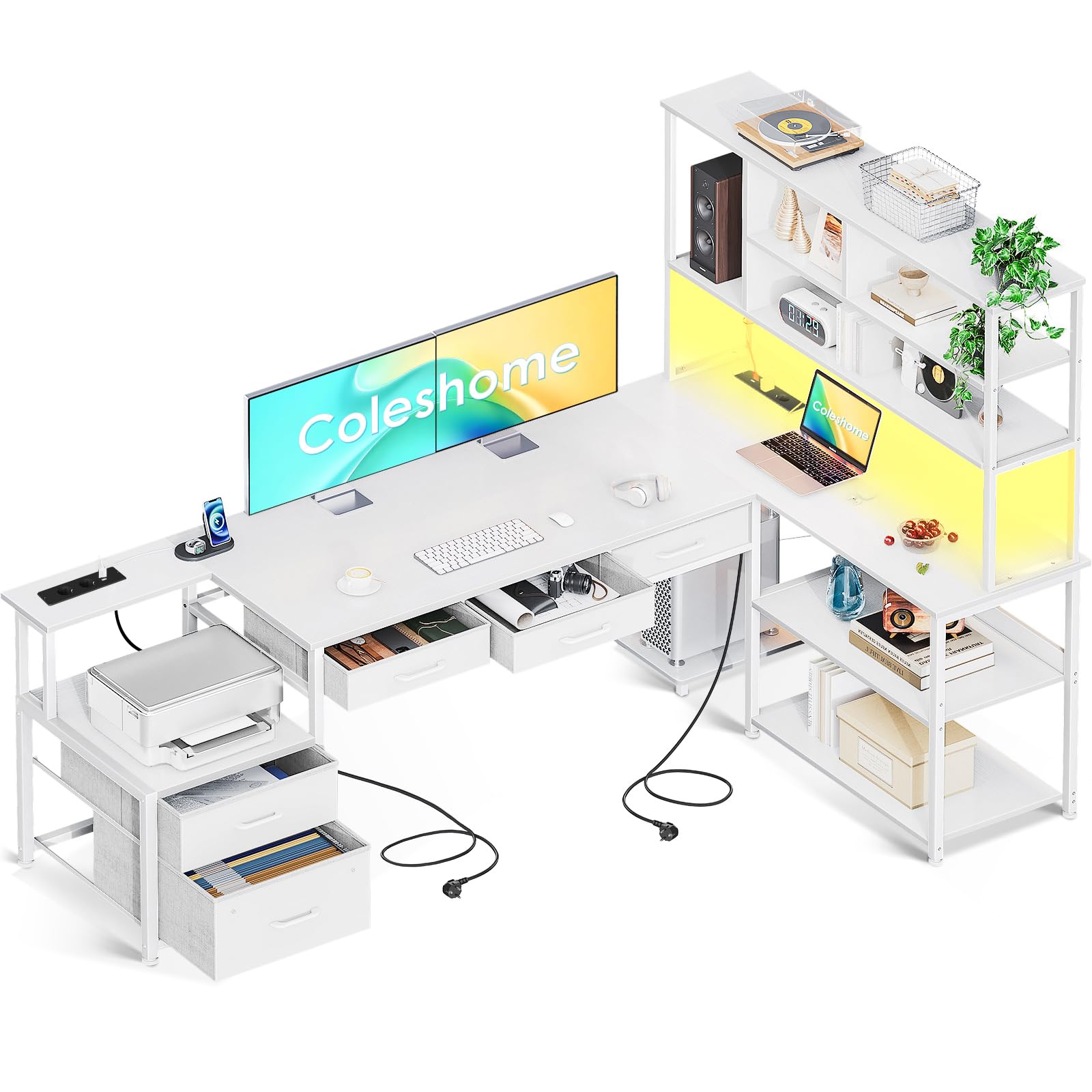 Coleshome Escritorio de Esquina con 5 Cajones y 4 Estantes, Escritorio en L con Luz LED, Tomas de Corriente y USB, Escritorio Grande para Oficina en Casa, Blanco, 180×100×154.2 cm