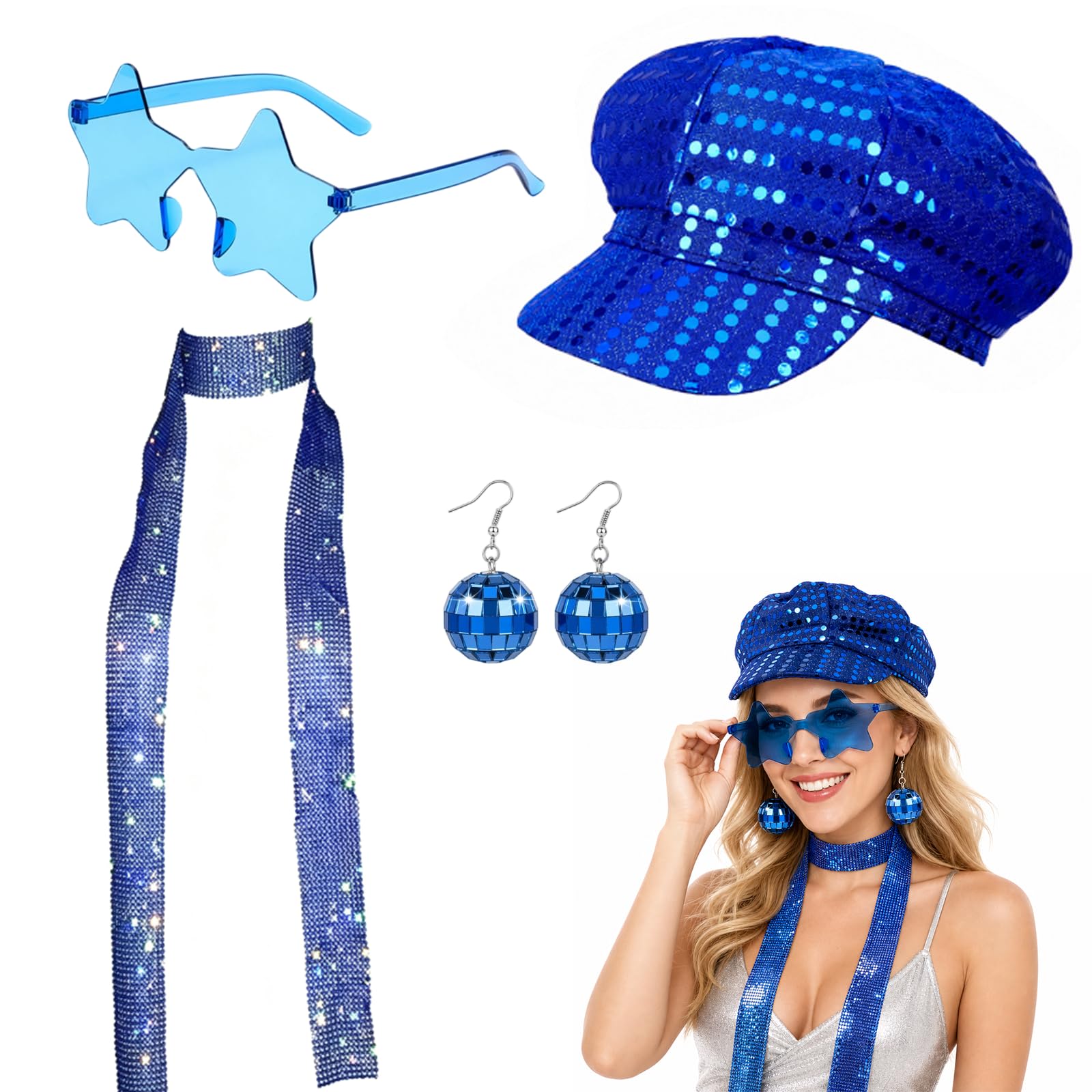 XazNvc 4-Piece Disco Accessories Set with Glasses, Hat, Scarf and Earrings, 70s Disco Costume Accessories for Women Theme Party Props and Cosplay, Disco Parties, Halloween