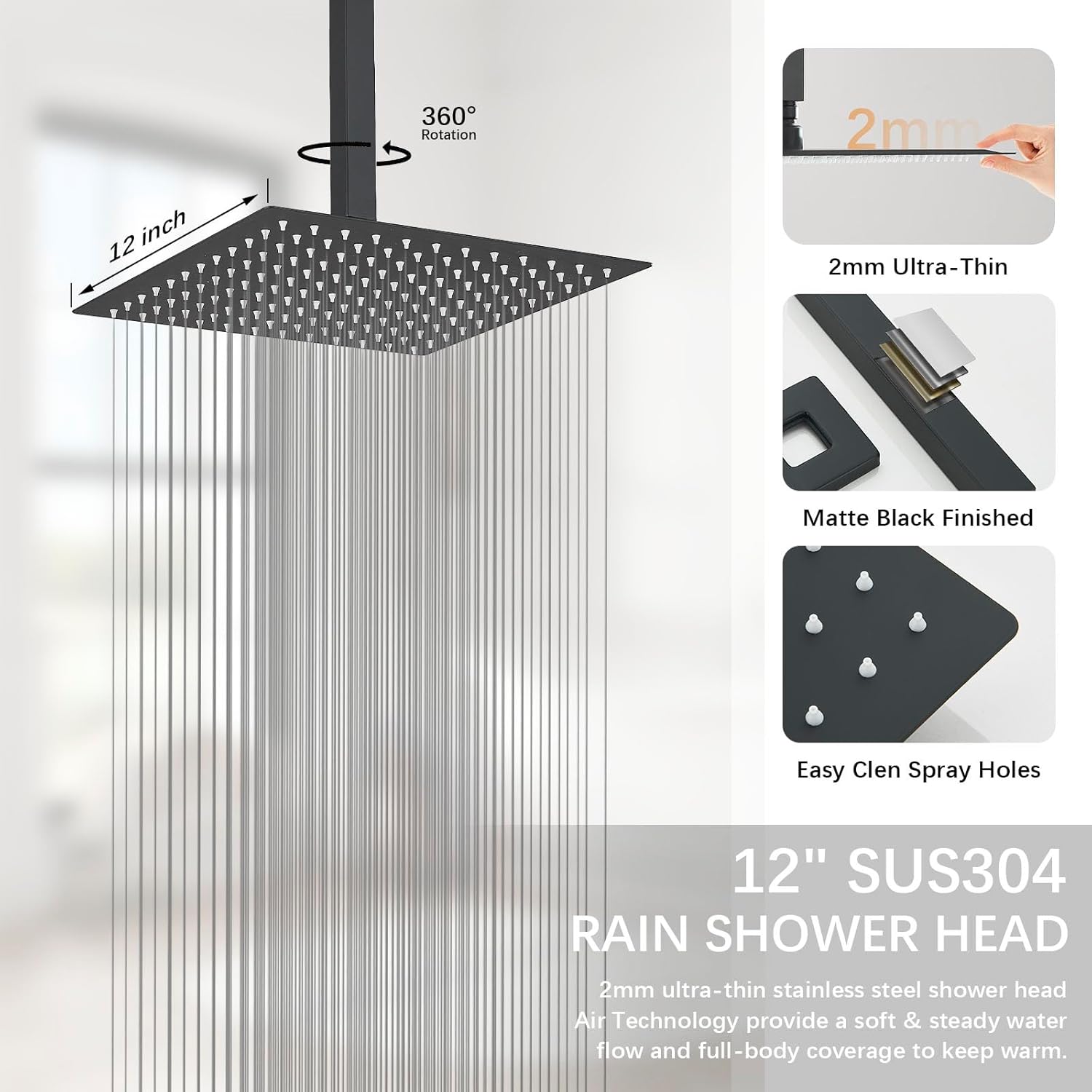 Shower Systems Shower Faucet Sets Matte Black Shower Heads with 12" Wall Mounted Rain Shower Head & 6" Wall Mounted Head with Handheld Spray,Wall Mount 3 Way Rainfall Shower Valve