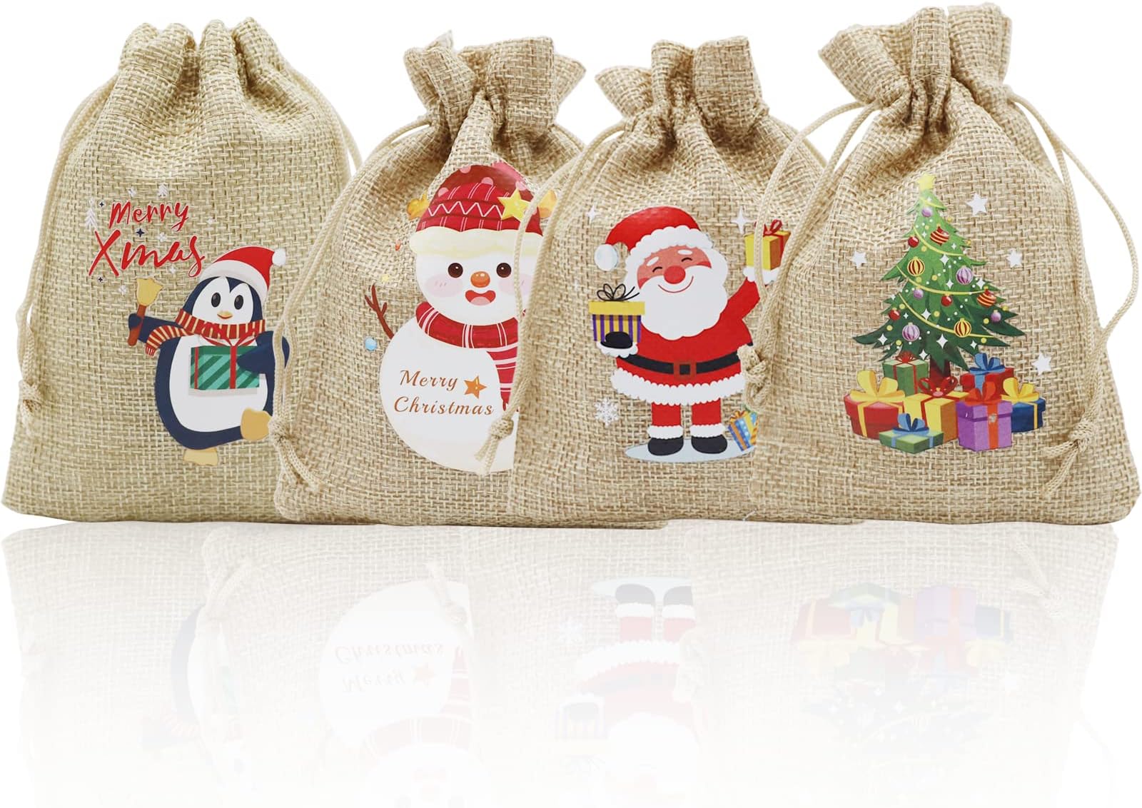 4PCS Christmas Burlap Gift Bags Hessian Bags, Xmas Burlap Jute Gift Bag with Drawstring Christmas Party Bags Christmas Pick for Holiday Christmas Party Decoration