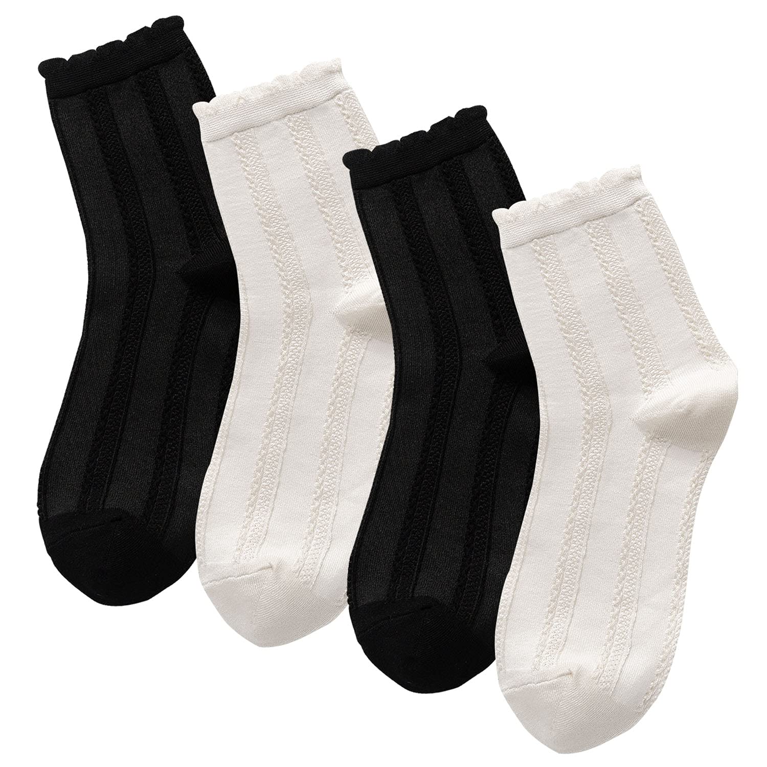 zrylibya Women Textured Pattern Ankle Socks Ruffle Scalloped Socks 4 Pairs