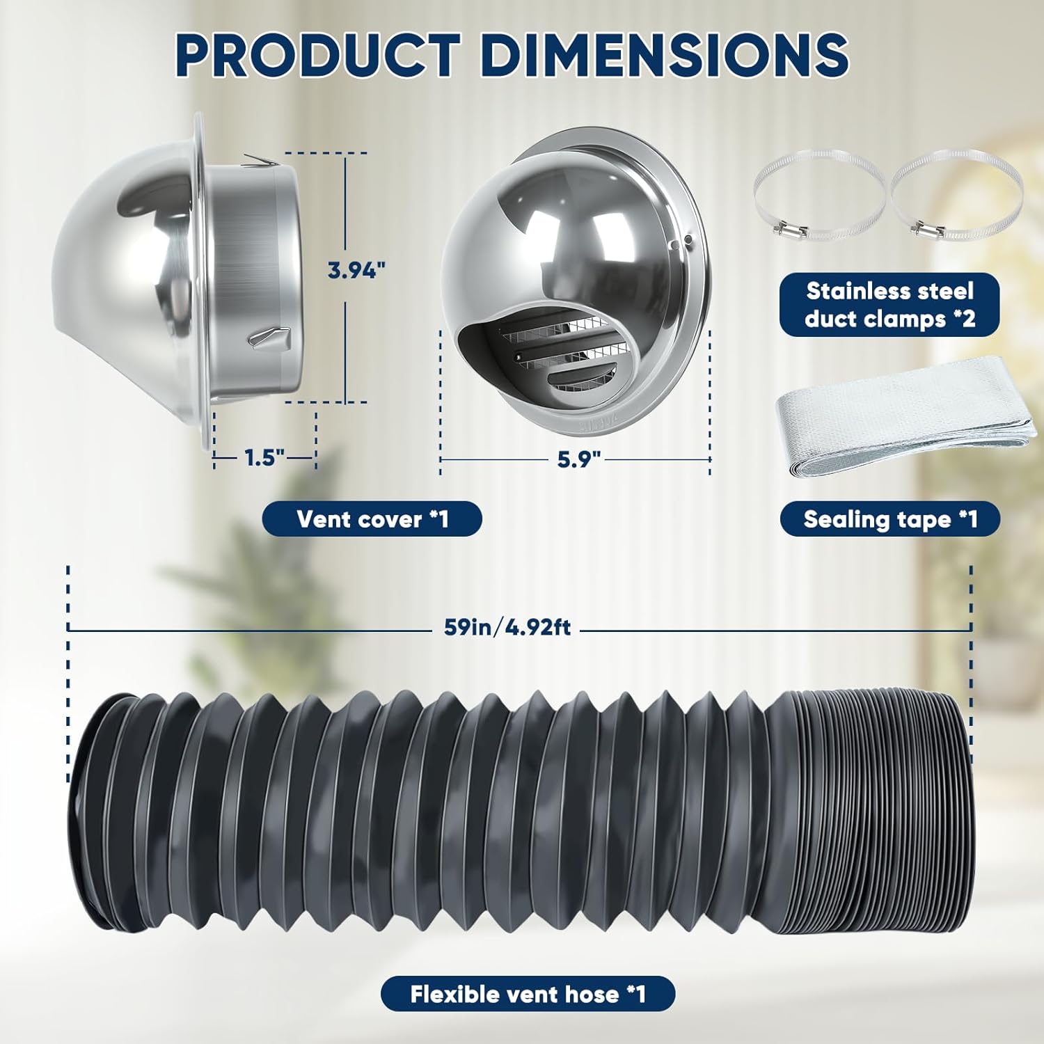4 Inch Dryer Vent Cover Outside with Dryer Vent Hose, Stainless Steel Round Wall Vent Cover with Fly Screen, Sealing Tape, Clamps, Dryer Exhaust Vent Cover for Bathroom, Home, Air, Hvac System (Black)