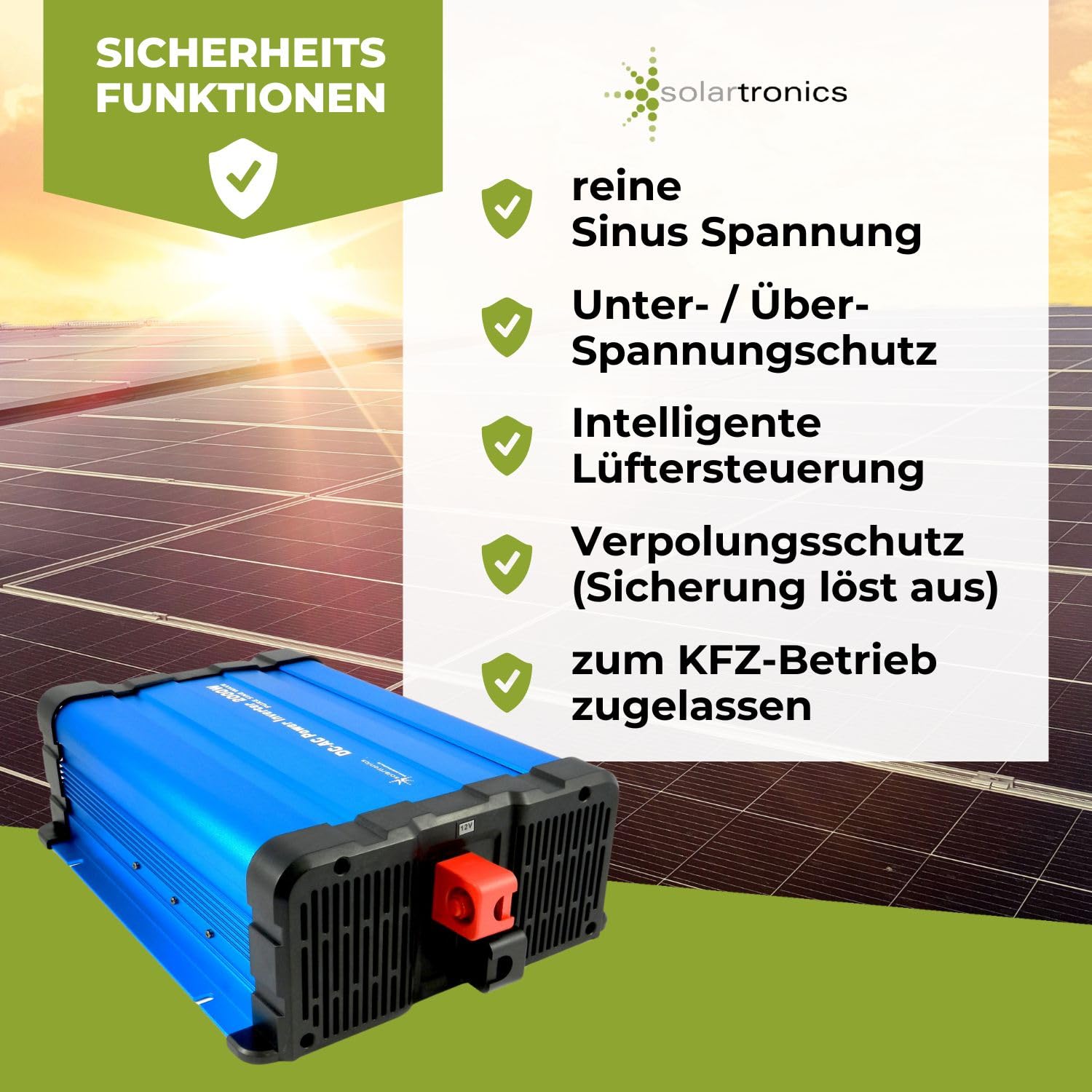 SOLARTRONICS Spannungswandler FS2000D 12V 2000 Watt mit Display - Wechselrichter 12v auf 230v - Reiner Sinus - LiFePO4/Lithium, Blei-, Gel oder AGM-Batterie kompatibel - USB - Fernbedienung optional