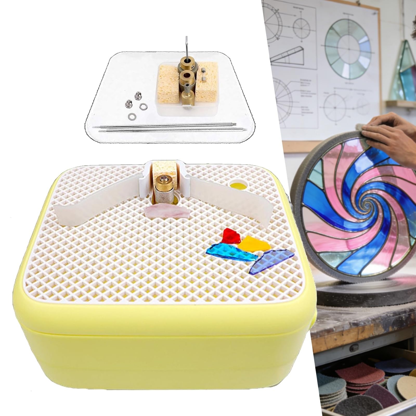 Zestaw mini automatycznej szlifierki do witraży z przegrodą, do projektów artystycznych DIY, zawiera 3 końcówki szlifierskie do precyzyjnego szlifowania i kształtowania(Yellow)