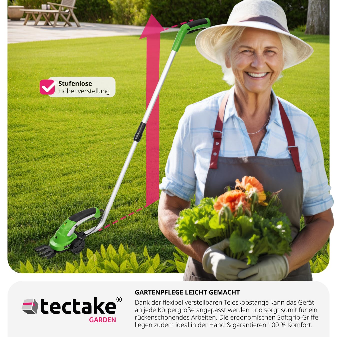 tectake® Akku Heckenschere elektrisch, Strauchschere 7.2V, Grasschere mit 2 Aufsätzen, Rasentrimmer mit Teleskop Stange, Rasenkantenschneider, elektrische Gartenschere mit Messer Aufsatz, Trimmer