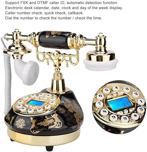 Miniatura 4 de Teléfono antiguo, retro de cerámica dorada, patrón de flores antiguas, teléfono fijo clásico con sistema dual/DTMF, identificación de llamadas,