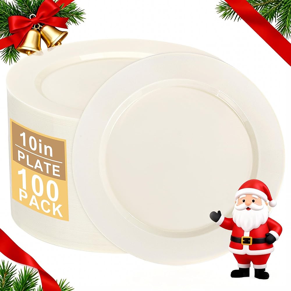 I00000 100 Pcs Ivory Plastic Plates,10inch Cream Dinner Plate, Elegant Disposable Plates Perfect for Christmas Party,Wedding, Baby & Bridal Shower (100 Guests)