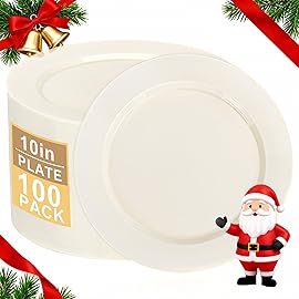 I00000 100 Pcs Ivory Plastic Plates,10inch Cream Dinner Plate, Elegant Disposable Plates Perfect for Christmas Party,Wedding, Baby & Bridal Shower (100 Guests)
