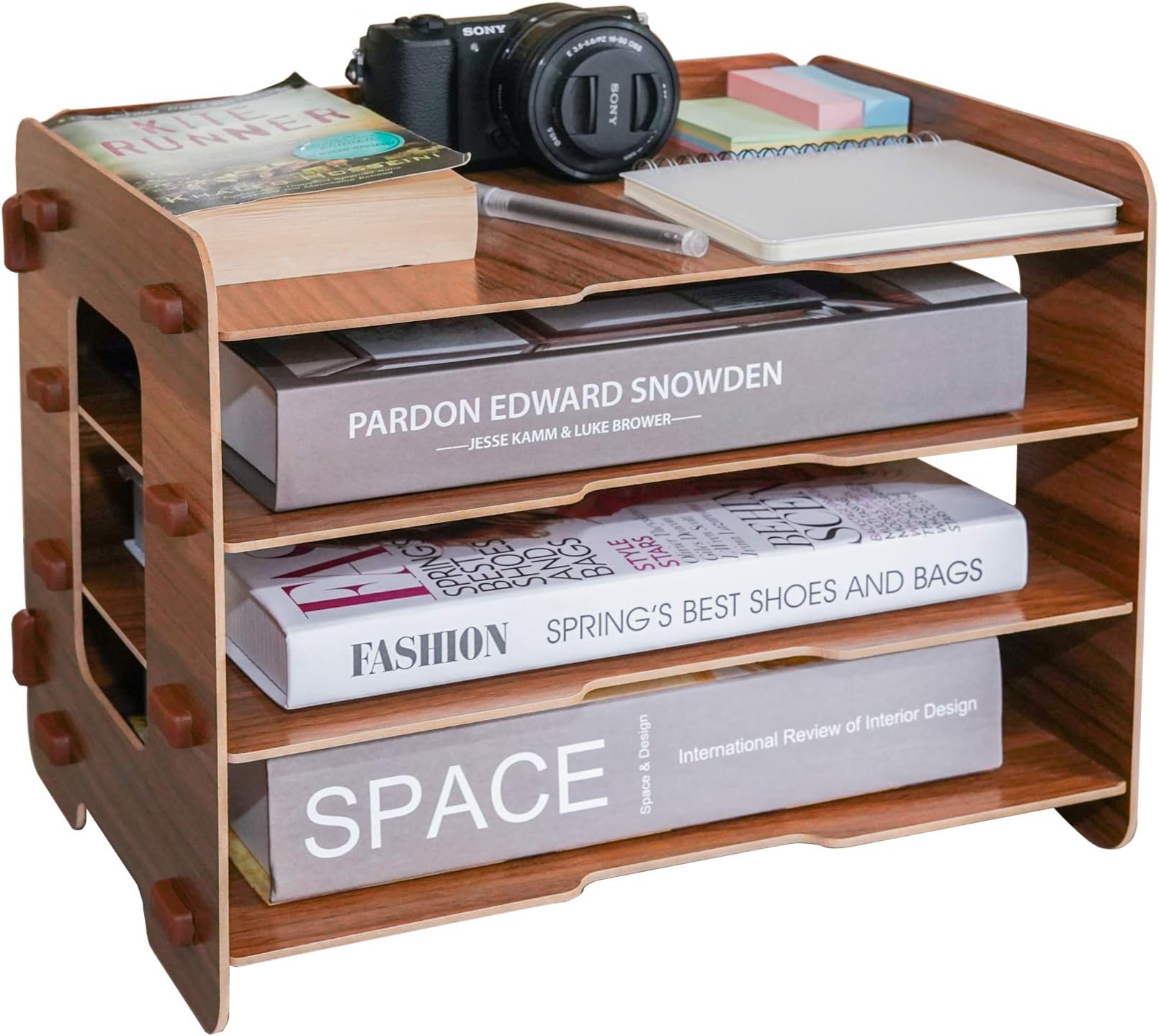 CLAPOTIS 4 Layer Wood File Organizer Tray / 4 Tier Desk Organizer/Letter Tray Organizer/File Folder Organizer Tray/Stacking Trays/Hanging File Organizer/Paper Organizer (Black Walnut Color)