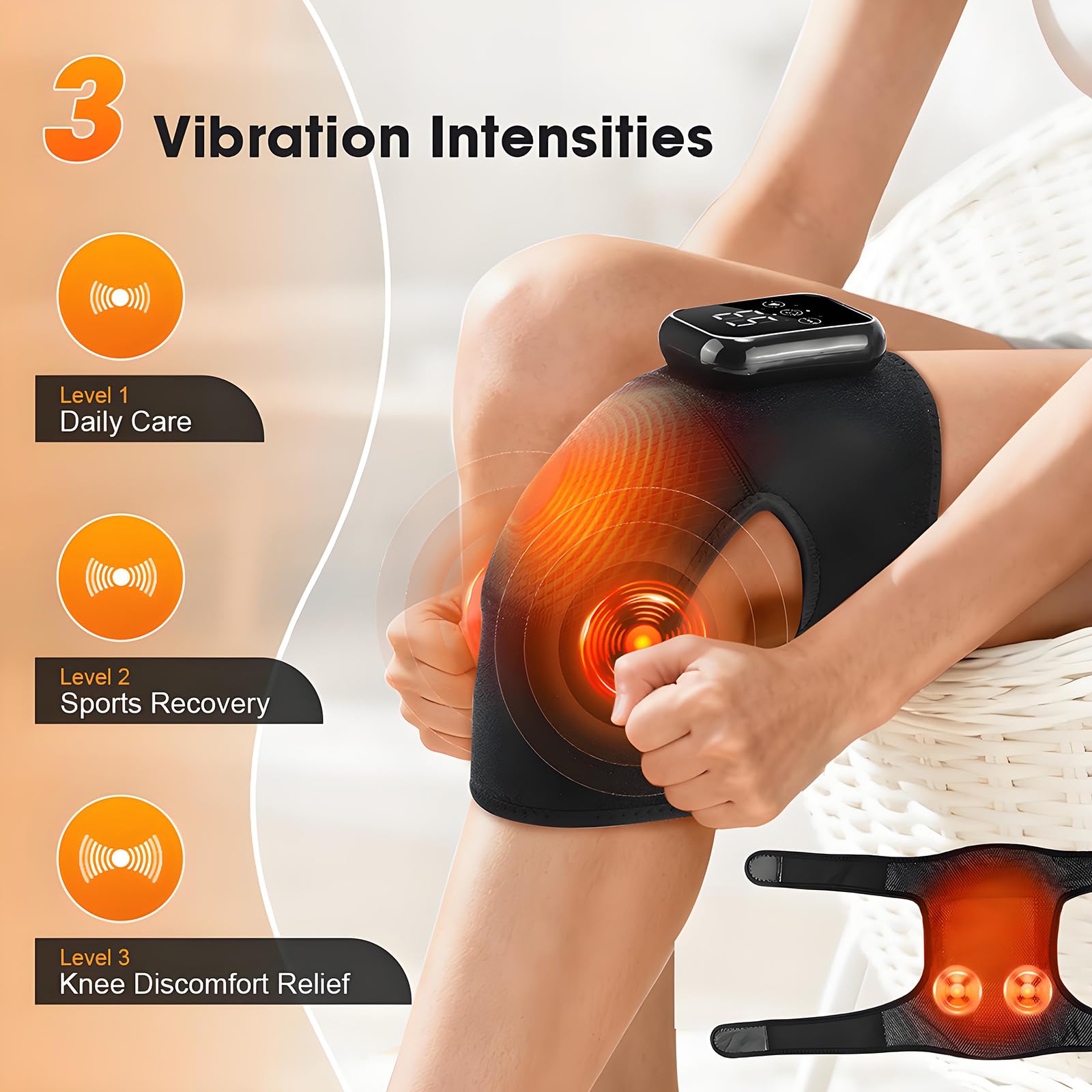 Kabellose Beheizte Kniebandage, 3 einstellbare Heiz- & Vibrationsmodi, 2000mAh Knie Massagegerät mit LED-Bildschirm & Touch-Tasten, 15 Minuten Zeit (Heated Knee Support)