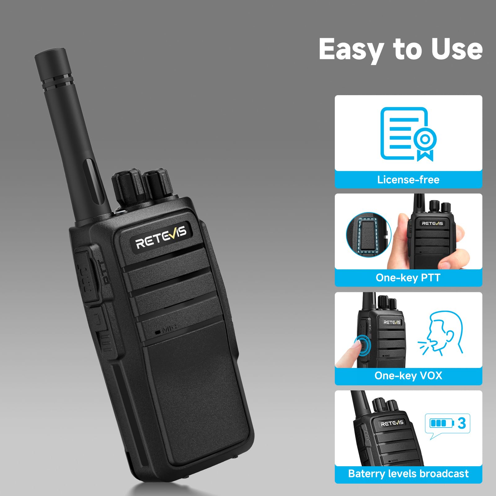 Retevis RT21 Handheld Walkie Talkies 16-Kanałowy Akumulator Dalekiego Zasięgu 2-Drożny z CTCSS/DCS VOX do Airsoft Hiking Festival Planowanie Komunikacja nagły wypadek ratować (4 SztCzarny)