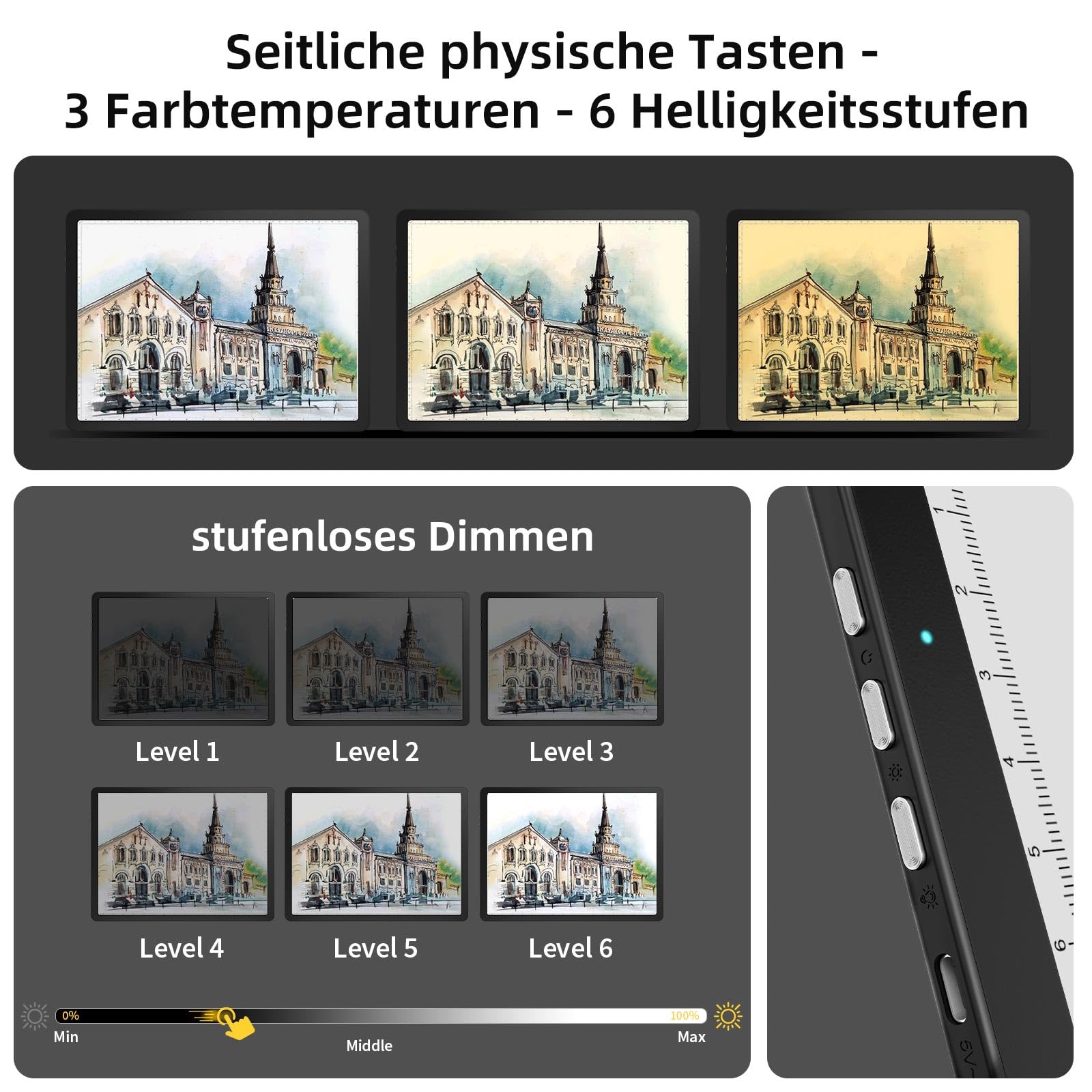 HIUKCOLED Leuchttisch A4 Wiederaufladbar LED-Leuchtplatte 3 Farbtemperaturen dimmbar und 6 Helligkeitsstufen Leuchttafel zum Nachzeichnen,wiederaufladbare LED-Kopiertafel für Diamantmalerei