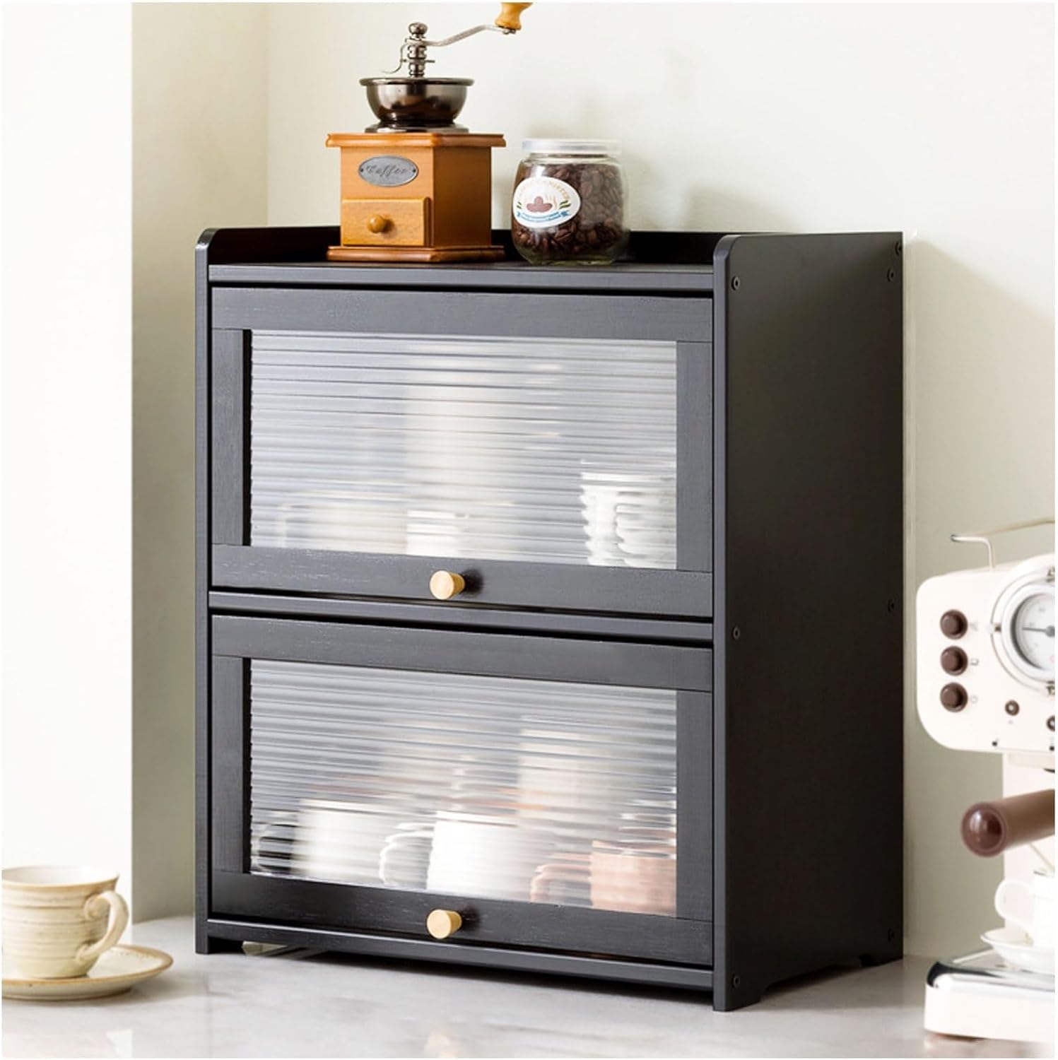 Bamboo Kitchen Pantry Sideboard, Freestanding Storage Cabinet with Sliding Doors, Countertop Organizer for Spices and Dishes, Space-Saving Design (Black, 1 Tier)