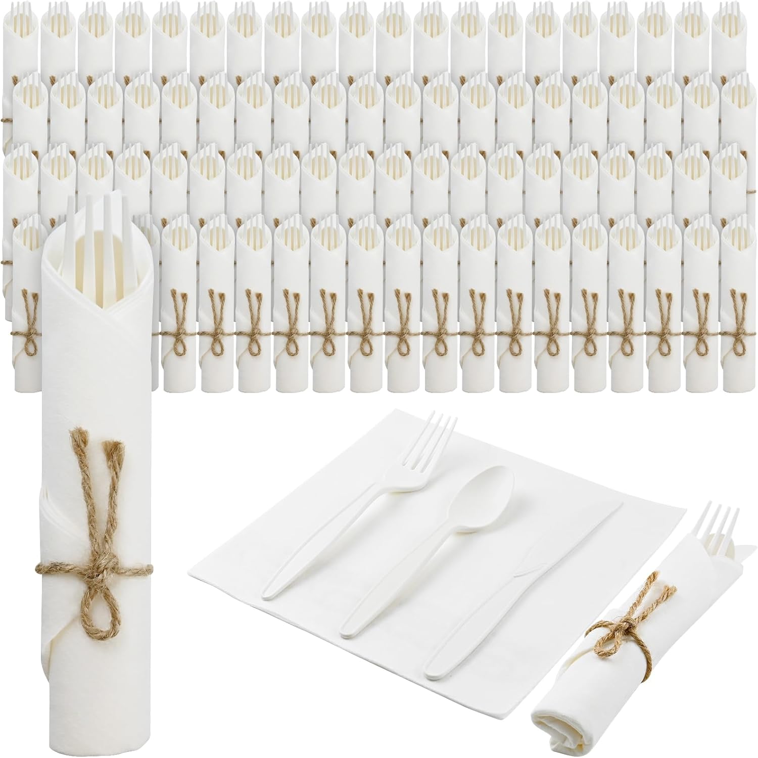 Pre Rolled Napkin Cutlery Set - Compostable Utensils 8" Large Disposable Utensils Wrapped Forks Knives Spoons Napkins Cornstarch Biodegradable Silverware Cutlery for Party (100)