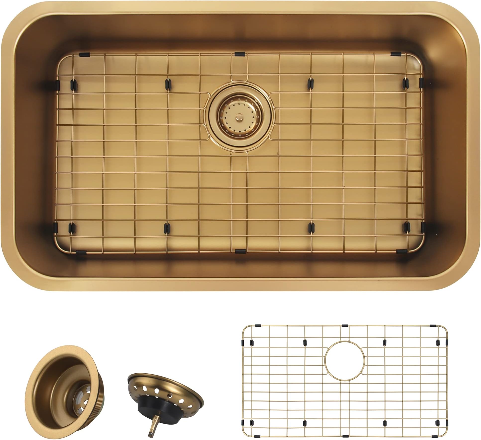 MONSINTA 29.5" x 18" x 9" Gold Kitchen Sink, Single Bowl Undermount Stainless Steel Sink with Grid and Drain Assembly