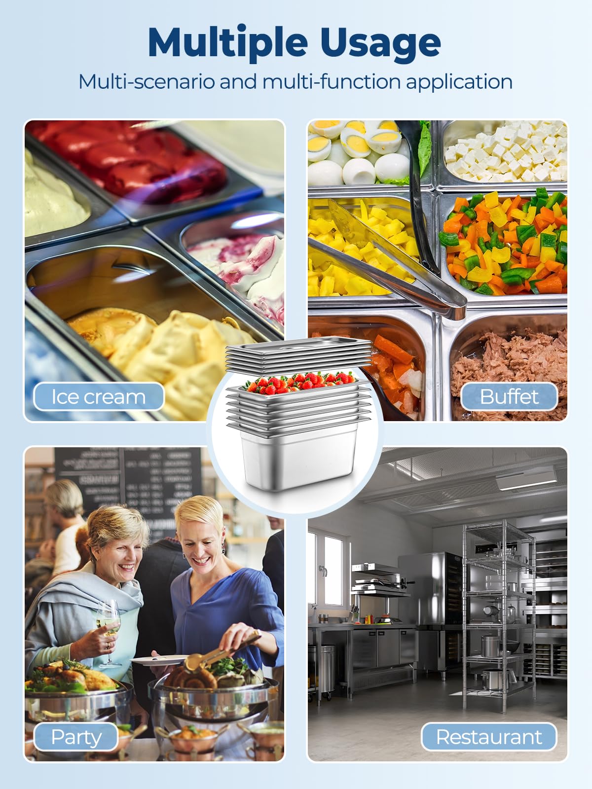 FOHERE 6 Contenitore GN 1/3, Contenitori Acciaio Inox，33x18x15 cm, Compatibile con i forni a convezione, frigoriferi, Coperchio, Teglia da Forno per Bar, Ristorante e Hotel