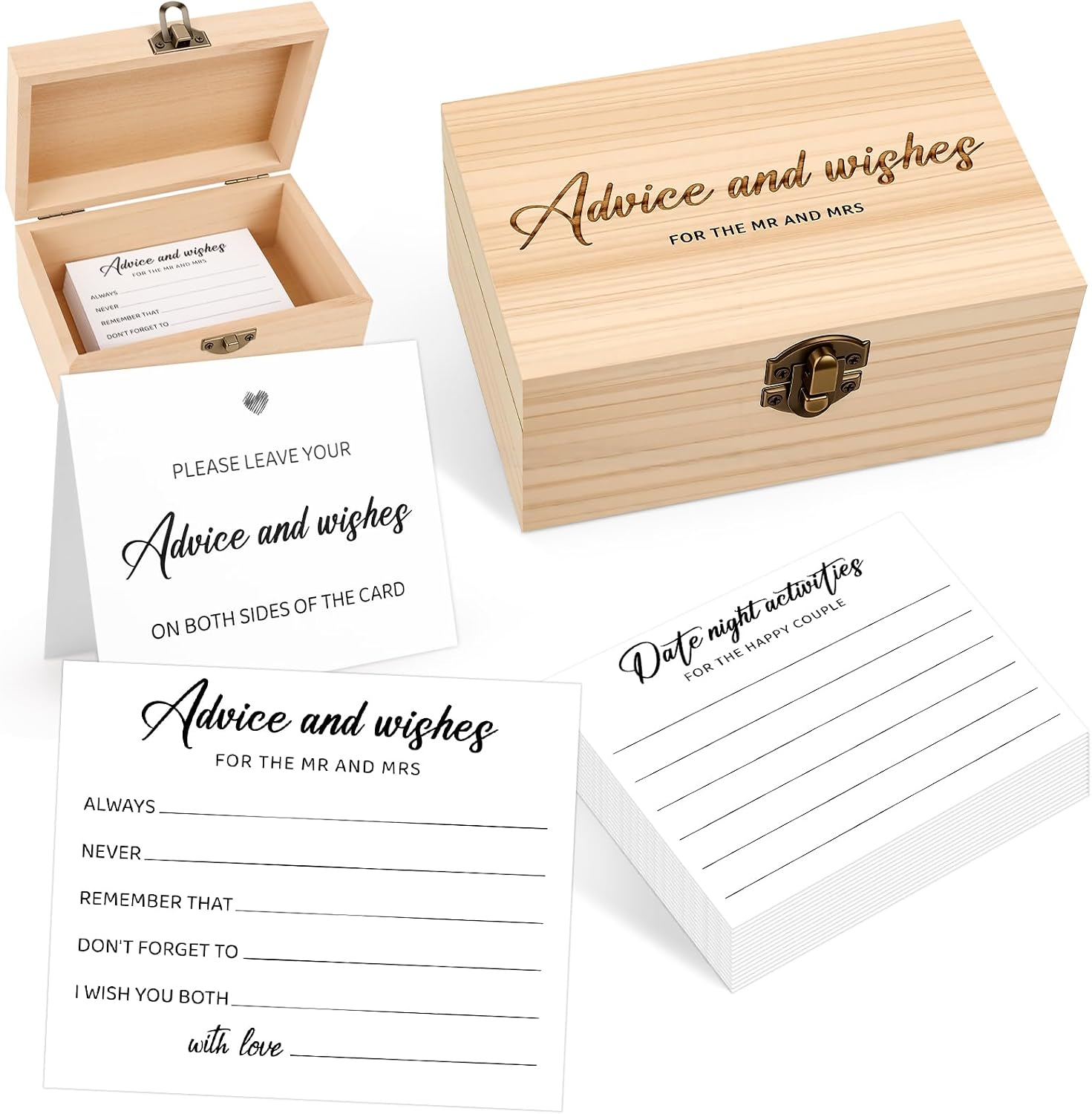 Advice And Wishes for The Mr And Mrs - 50 Pcs Minimalism Wedding Advice Cards with Wooden Box, White Groom And Bride Shower Advice Cards for Bridal Shower,Wedding Party Game Decorations Supplies