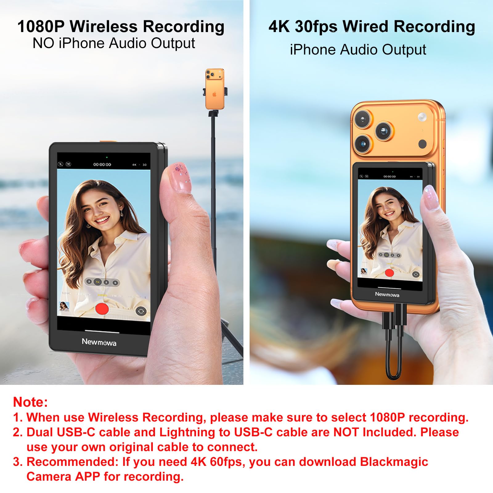 Newmowa Czarny Magnetyczny Telefon Vlog Selfie Monitor Ekran,1080P Nagrywanie Bezprzewodowe,Tylnej Kamery Telefonu Do Selfie LiveStream TikTok,Kompatybilny z iPhonem(Support 4K 30fps Wired Recording)