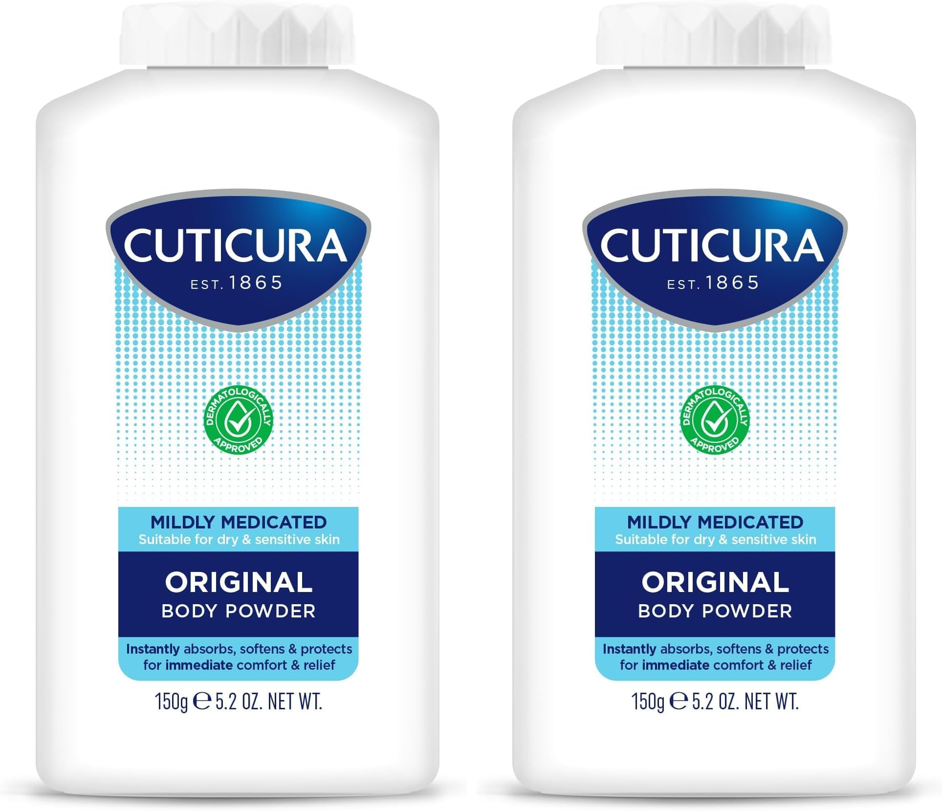 Mildly Medicated Body Powder 150g, Many Uses Personal Hygiene, Sweat Control, Chafing & Friction Prevention, Itching Relief (Pack of 2)