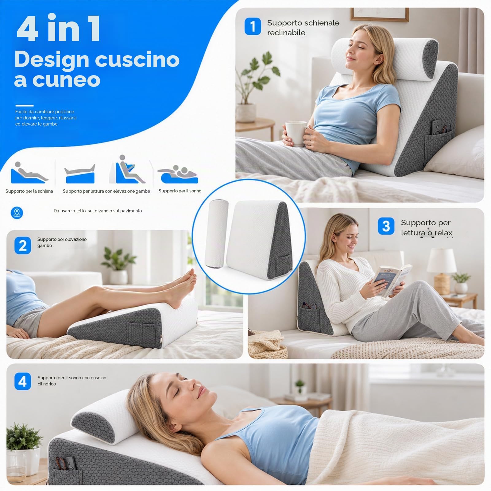 Cuscino a cuneo in memory foam, cuscino triangolare inclinabile con cuscino cervicale, lavabile, per collo, gambe, schiena, dormire, lettura, post recupero gravidanza