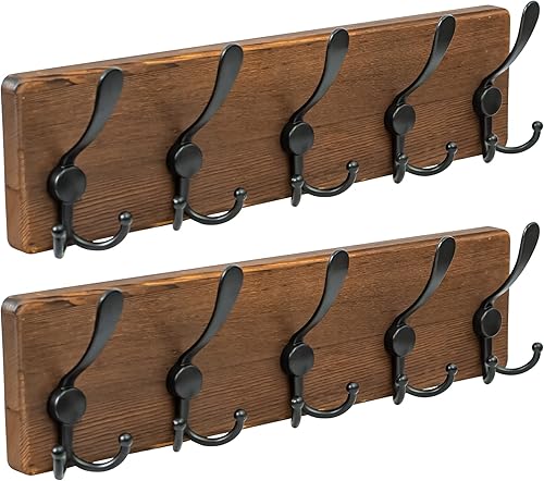 Miniatura 9 de NicQliear Perchero montado en la pared  Perchero de metal con tablero de madera maciza de pino, 4 ganchos rústicos literarios negros triples para