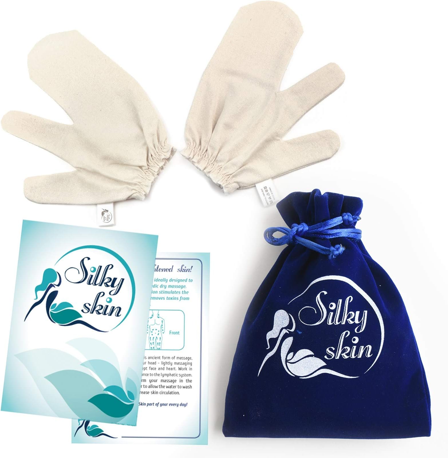Silky Skin Raw Silk Massage Garshana Gloves - Pair - Quality Storage Bag - Ayurvedic Dry Brushing Exfoliate Skin Lymphatic Drainage Brush Reduce Acne Scars Cellulite Massager Remove Toxin