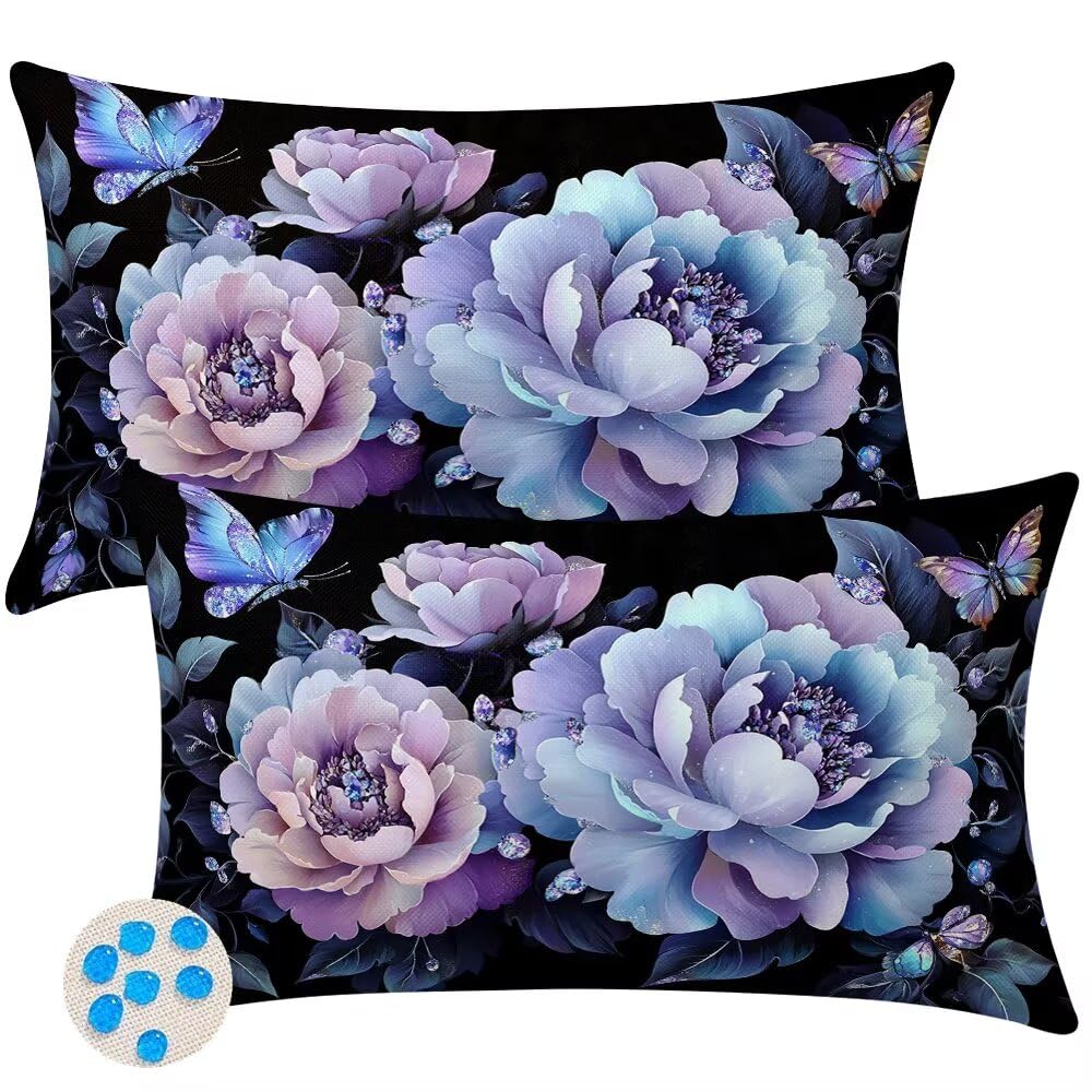 Outdoor Cushions Waterproof Cushion Covers 35cm x 55cm Pack of 2 Flowers Garden Cushion Cover Butterfly Throw Pillow Covers 14 x 22 Inch Outdoor Pillowcase for Garden Furniture Living Room -SC364