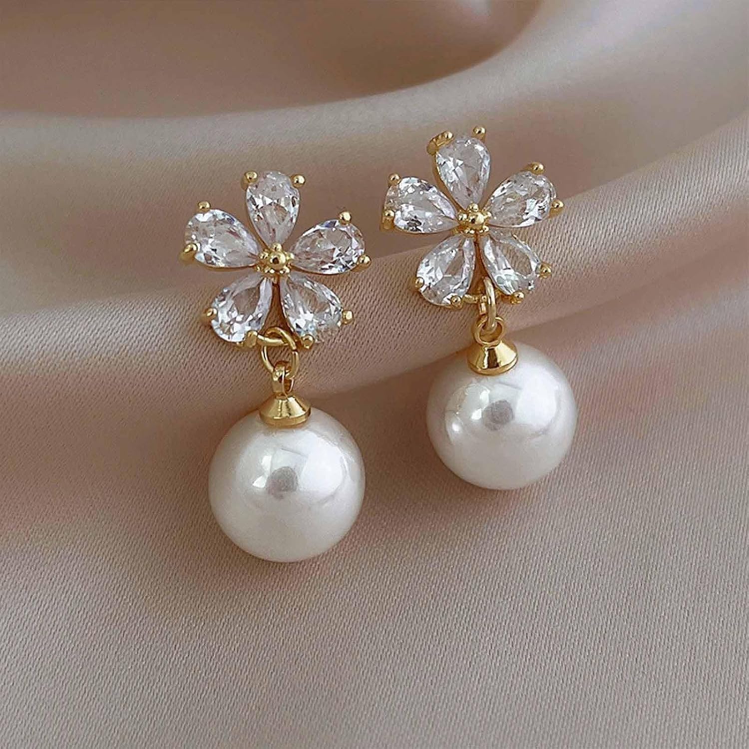 Gold Alloy Crystal Pearl Dangle Earrings - Vintage Floral Pearl Drop Studs - Perfect for Special Occasions & Everyday Wear - Image 6