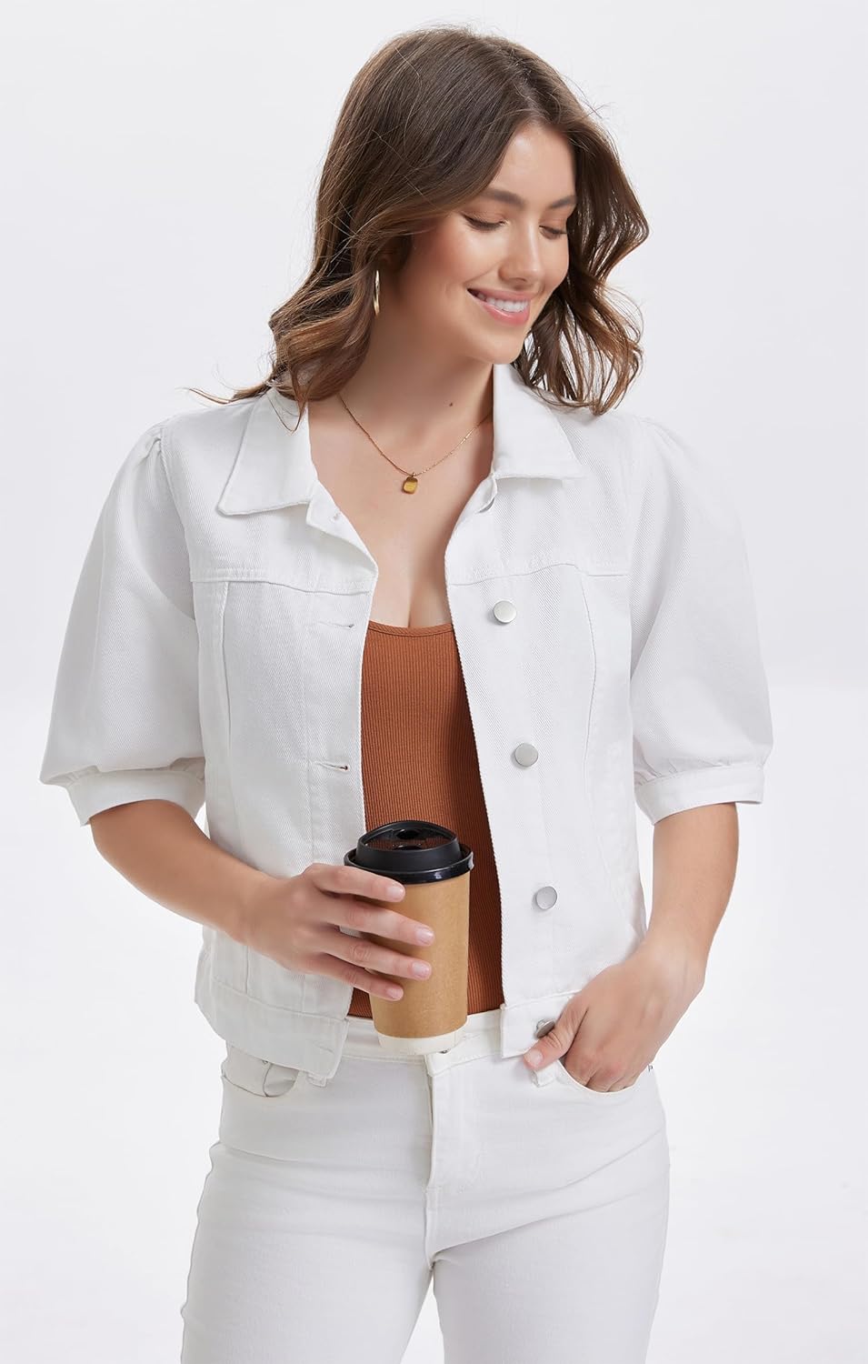 andy & natalie Women's Jean Jacket Cropped Short Puff Sleeve Trendy Denim Jackets with Pockets