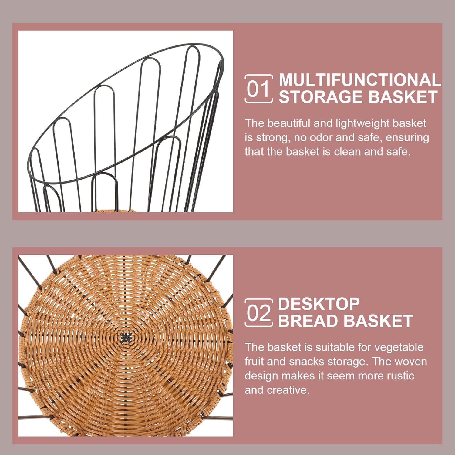 Rustproof Iron Frame Bread Basket Small Woven Bread Serving Basket for Kitchen Dining Countertop Use