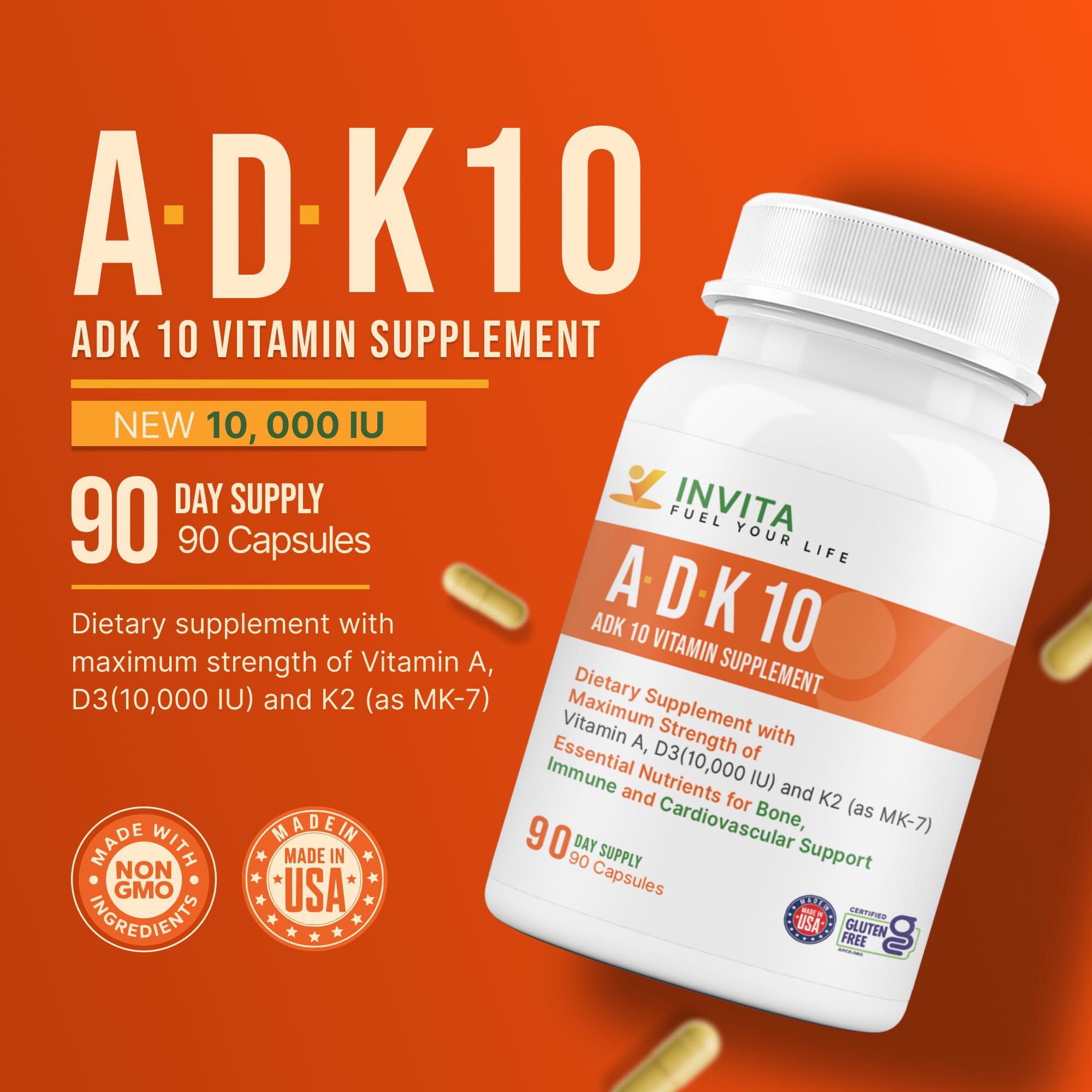 INVITA, ADK 10 Vitamin Supplement – 90 Capsules – High Potency of Vitamin A, D3 10,000 IU & K2-MK7 – Physician Formulated ADK for Bone, Heart & Immune Support – Non-GMO, Gluten Free (3-Month Supply) — Amazon image 3