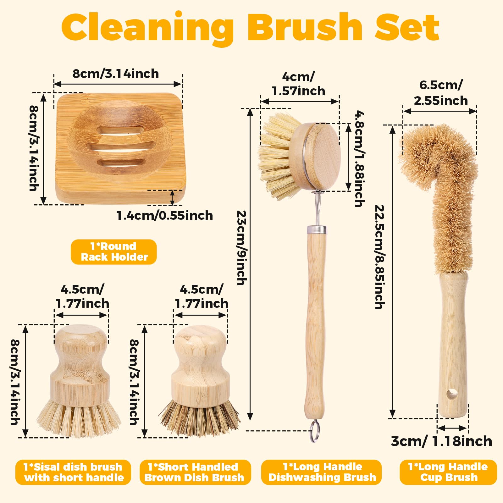 Lot de 5 brosses à vaisselle en bambou, poils en fibre de sisal, ergonomiques et multifonctionnels pour le nettoyage de la cuisine, des casseroles, des poêles, des plats