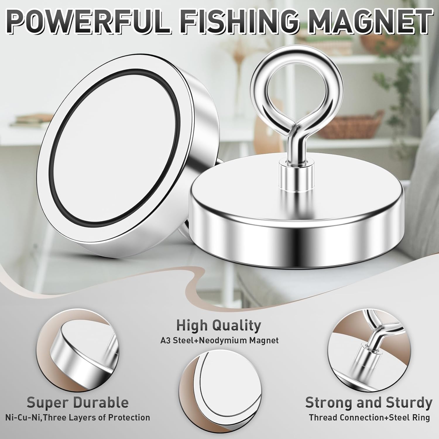 FINDMAG Super Strong Fishing Magnet, 1000 lbs Pulling Force, Neodymium Rare Earth Magnets with Countersunk Hole Eyebolt, Large Magnet Fishing for Remover, Diameter 3.54 inch(90 mm)