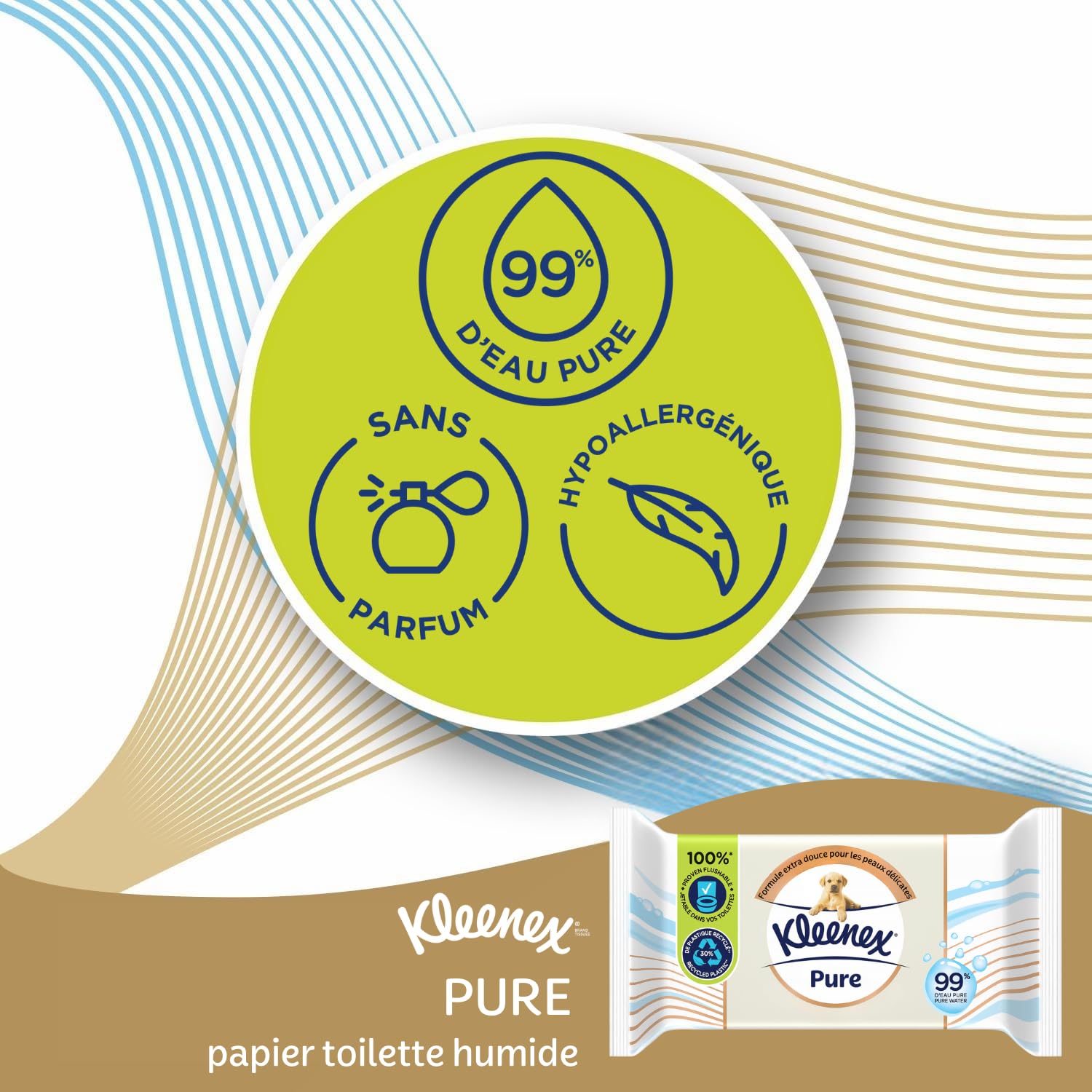 KLEENEX Pure - Papier Toilette Humide (12 paquets de 38 feuilles) - double épaisseur - jetable dans les toilettes - sans plastique - sans parfum - sans alcool - emballage recyclable