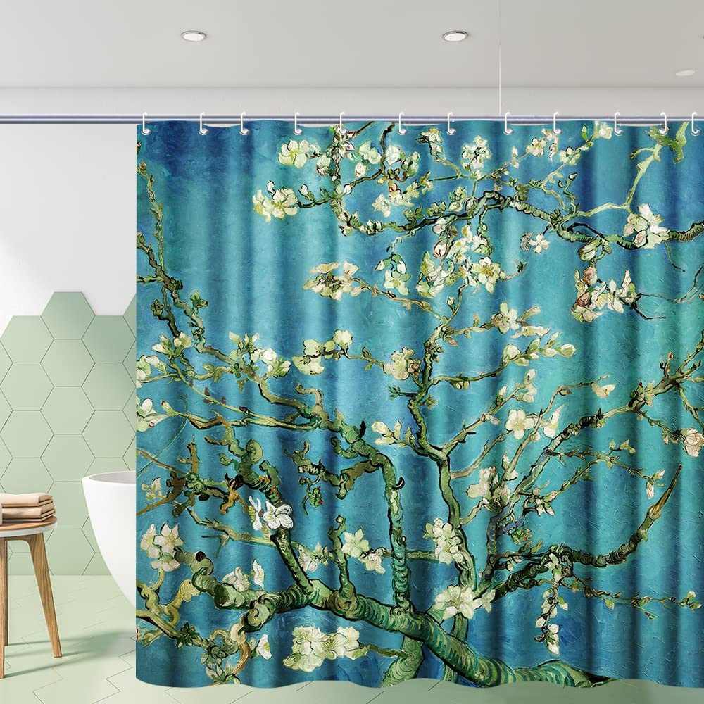 INVIN ART Bathroom Shower Curtain Set with Hooks,Almond Blossom by Van Gogh,Home Art Paintings Pictures for Bathroom