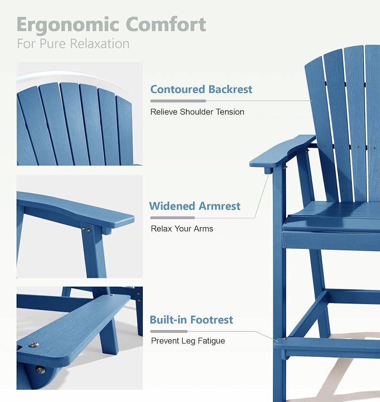 PASAMIC Tall Adirondack Chairs Set of 2, All-Weather HDPE Patio Chairs with Double Connecting Trays, Bar Height Heavy-Duty Outdoor Chairs for Garden, Backyard, Balcony, Blue image 4