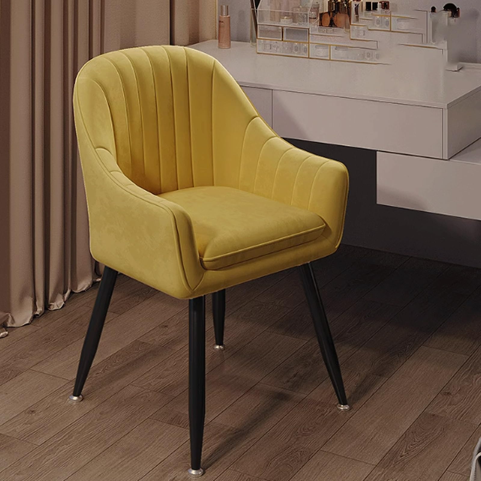 Silla de maquillaje de tocador cómoda con respaldo y estructura de metal para habitación