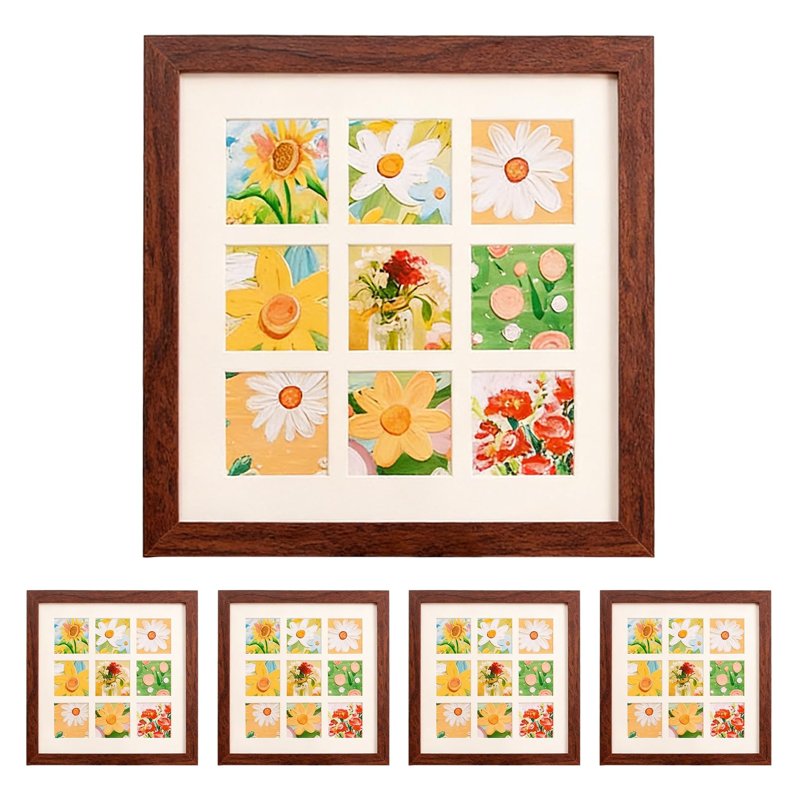 Rthynti Walnut 5 Pcs Photo Frames, 10.2X10.2cm Natural Wood Color Square Picture Frames, Small Photo Frame With Backing Board Cardboard Insert Acrylic Sheet For Wall Mount Desk Stand(4 Inch)
