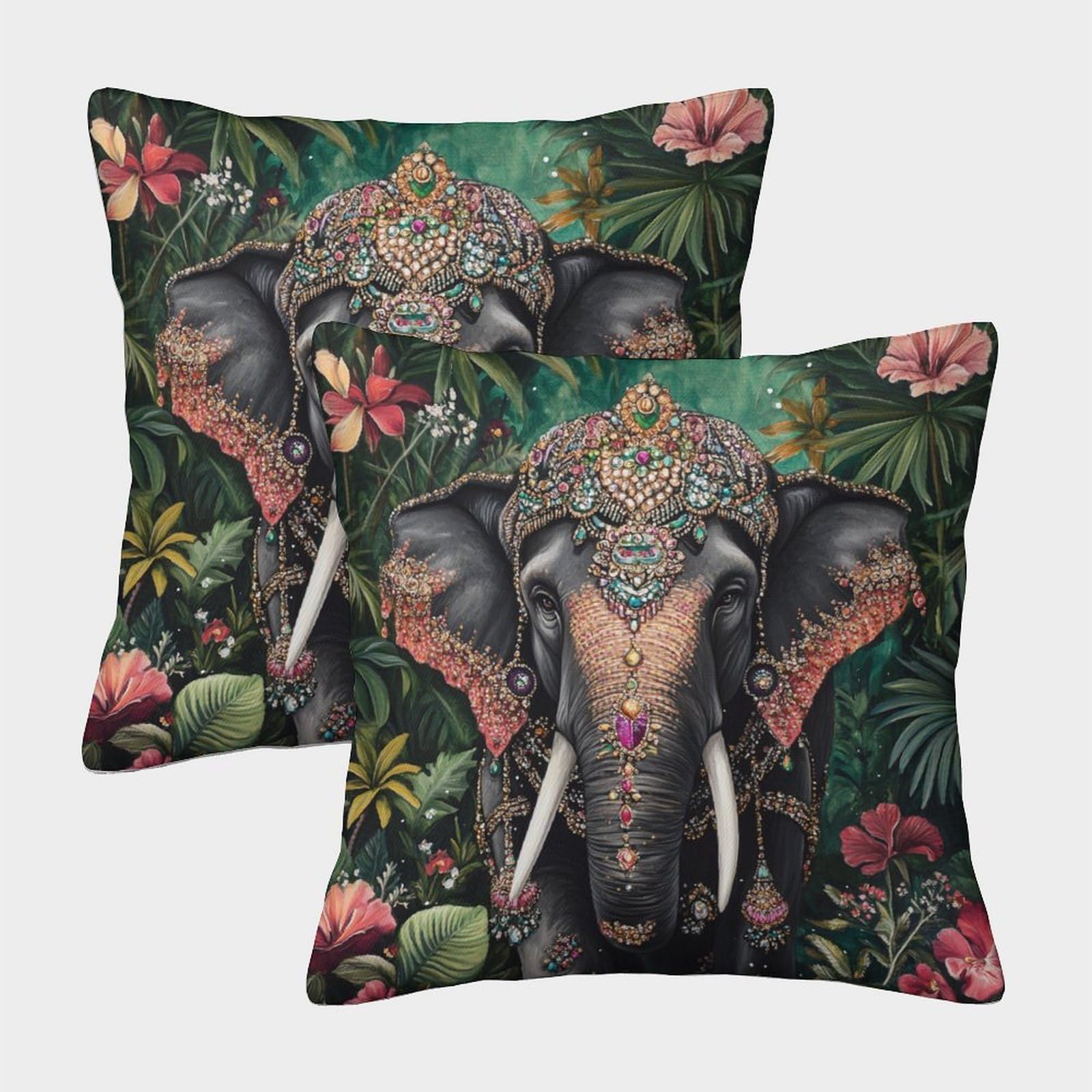 kaiyun 2 Pack 3D Indian Elephant,Tropical Flowers Cushion 3D Soft Touch Pillowcase,sofa Chair Home Furnishings 40x40cm