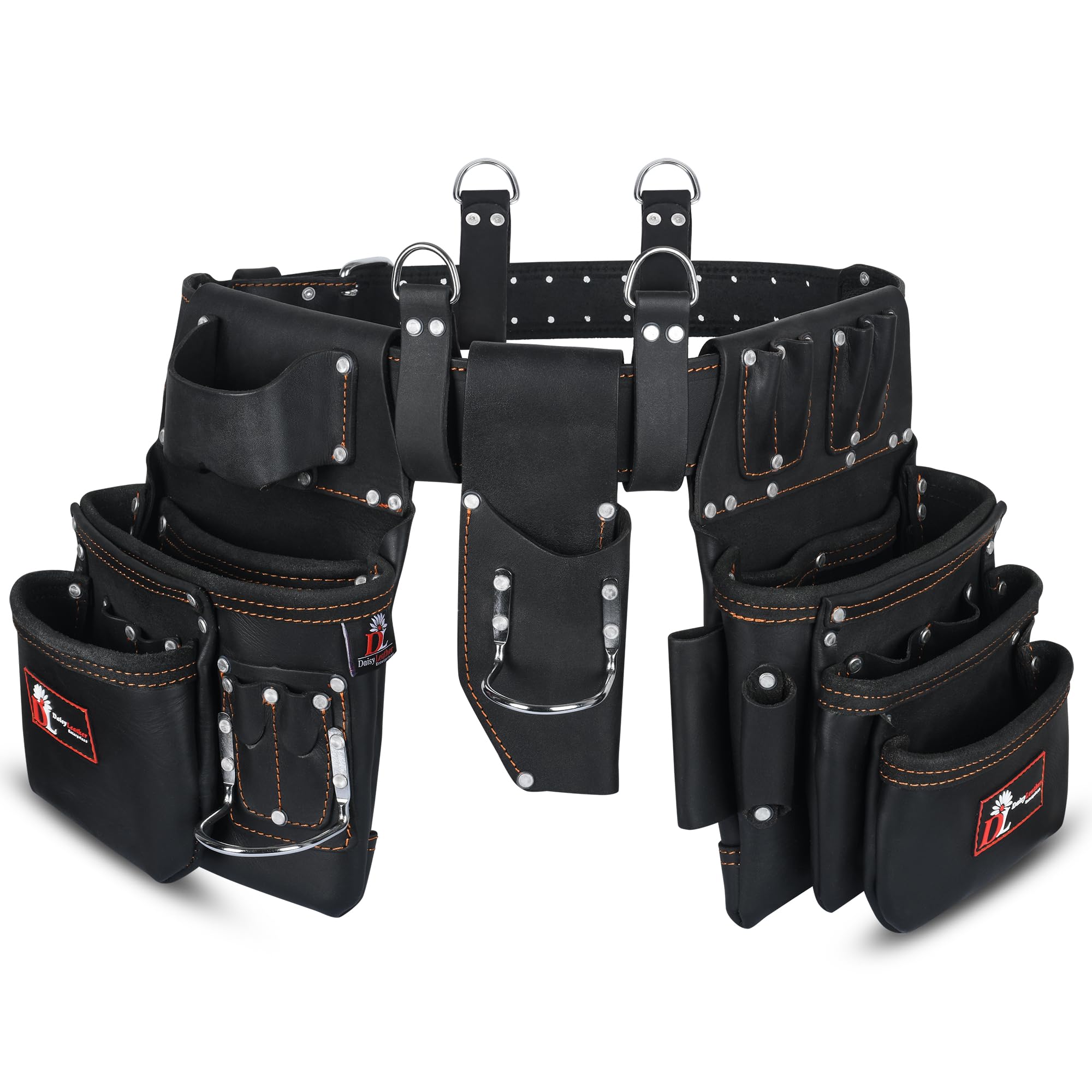 Daisy Leather PRO DL-101 Oil tanned Premium 25 pockets Heavy duty Tool Belt, Carpenter belt Pouch for Construction, Carpenter, Craftsman and Electricians workers, Black, X-Large