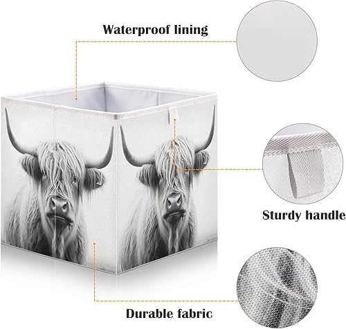 Miniatura 3 de Cesta de almacenamiento plegable de vaca Highland de 11 x 11 x 11 pulgadas, cubo de almacenamiento para decoración del hogar, cestas de
