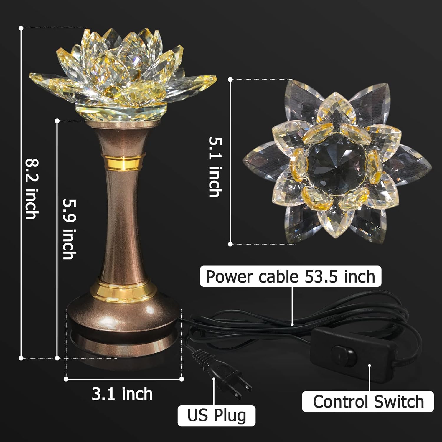 1 Pair Colorful LED Lotus Flower Lamp 7 Color Crystal Buddha Lamp for Cabinet Buddhist Altar - Light Control Crystal Decor Night Light -110V US Plug(8 inch)