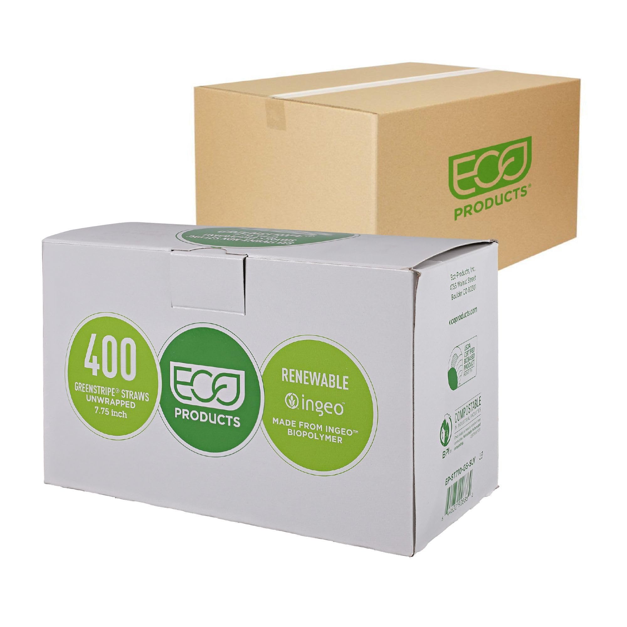 Eco-Products Compostable Plastic Straws, 7.75" Long, 5mm Diameter, Case of 9600, Clear Disposable Plant Based PLA Plastic, Standard Sized Drinking