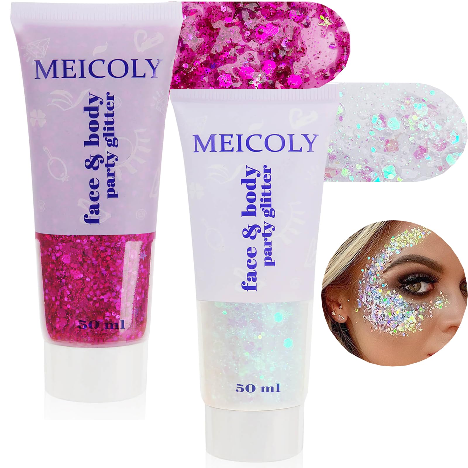 MEICOLY Purple and Clear White Face Body Glitter Set,Mermaid Face Glitter Gel,Singer Concerts Festival Rave Accessories,Sparkling Sequins Glitter Face Paint for Women and Kids,Chunky Glitter Makeup