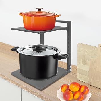Pot Rack Organizer, 2-tier Countertop Pan Stand Rack, 10.63 * 9.06 * 12.99in Pot Lid Holder for Kitchen, Inside Cabinet Grey