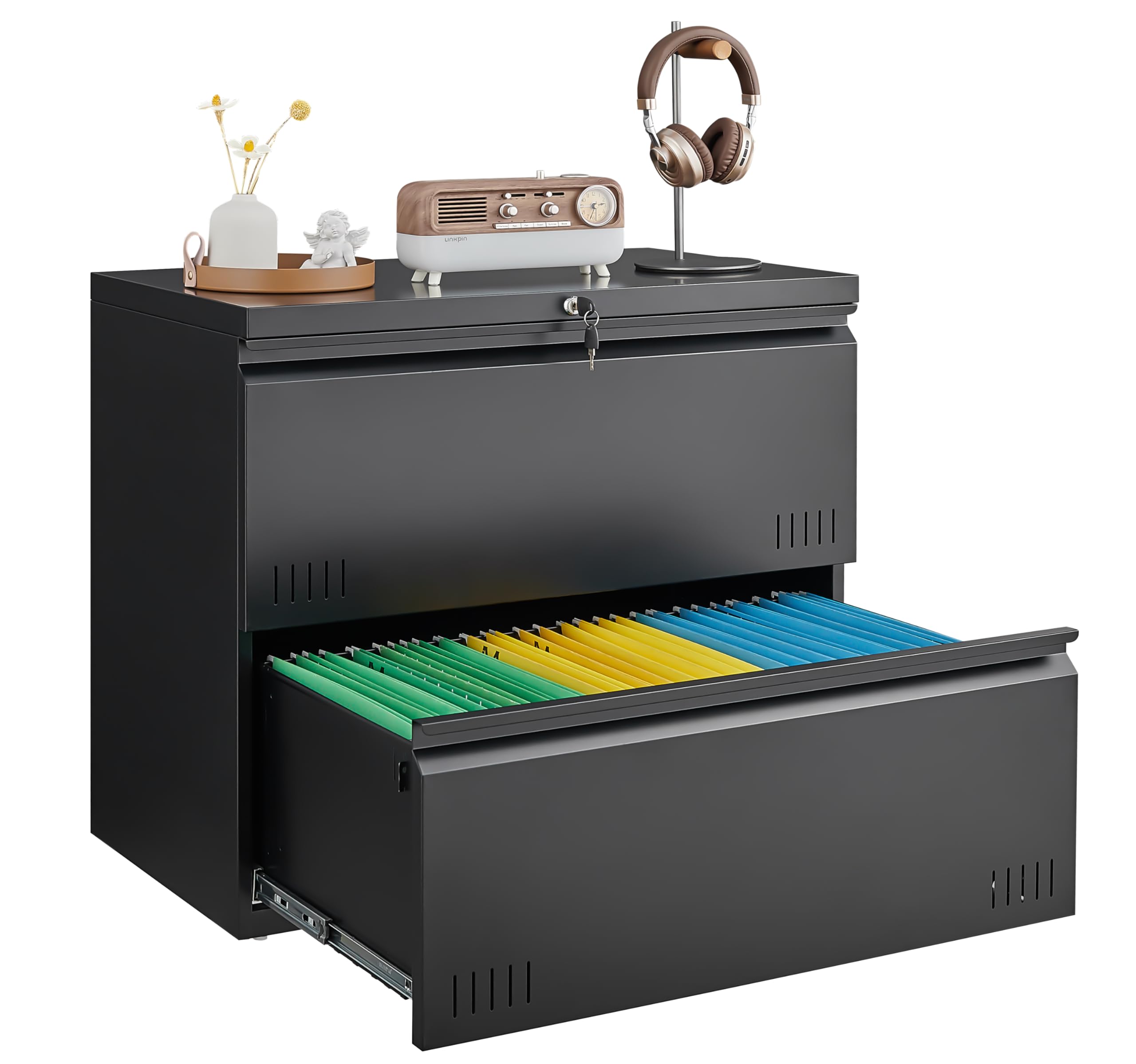 Guizeeopo 2 Drawer File Cabinet, Lateral File Cabinet with Lock, Printer Stand, Heavy Duty Office Storage Cabinet, Filing Cabinets for Home Office, A4/Letter/Legal Size, Assembly Required(Black)